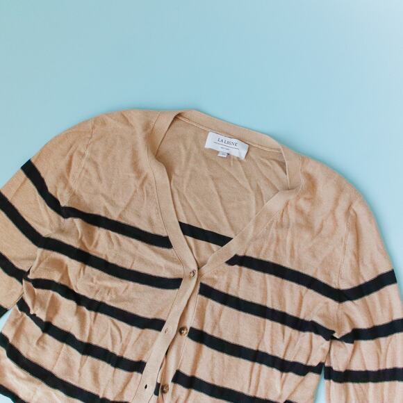 La Ligne Serge Tan Black Striped Linen Blend Cardigan Sweater Size Medium - Picture 3 of 8